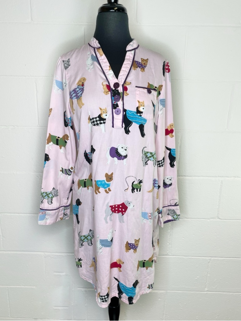 Nick & Nora Dog Print Pink Nightgown 100% Cotton Sleep Shirt